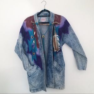 Tribal painted and beaded long jean jacket